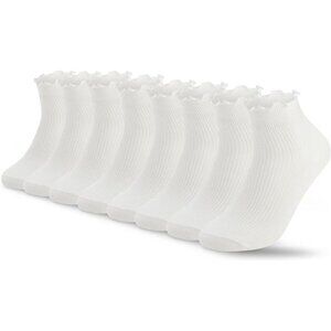 8 Pairs White Ruffle Socks Women Frilly Lettuce Edge Cotton Ankle Socks Size 5 9